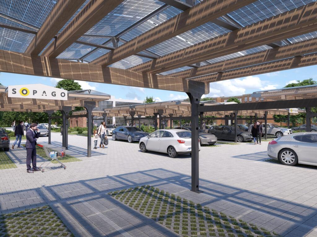 Einkaufszentrum mit überdachtem, großem Parkplatz mit Solardach