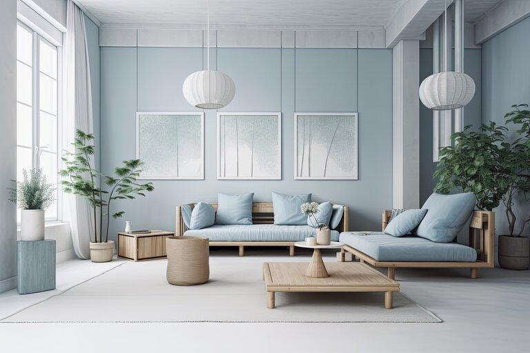 Minimalistisches Wohnzimmer mit Rahmen Mockup in weiß und blau-Tönen. Sofa, Rattan-Möbel, und Tapete. Design eines Bauernhauses Interieur.
