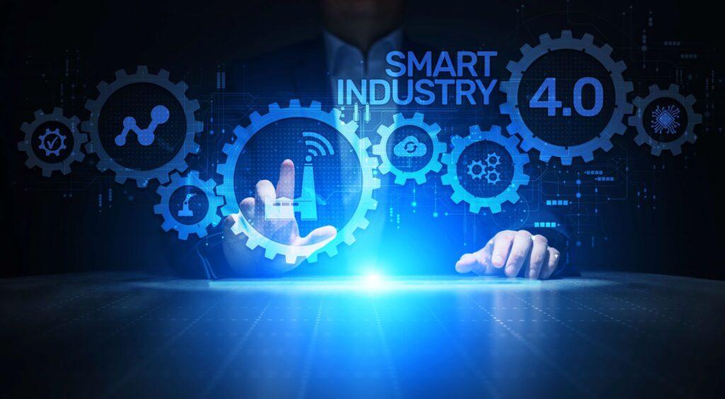 Intelligente Industrie 4.0-Innovation Automatisierung der Fertigungstechnik Konzept.
